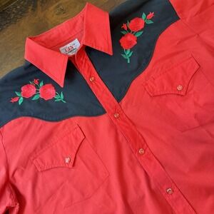 ELY Diamond Shirt Mens 2XL Red Pearl Snap Western Long Sleeve Rose Embroidered